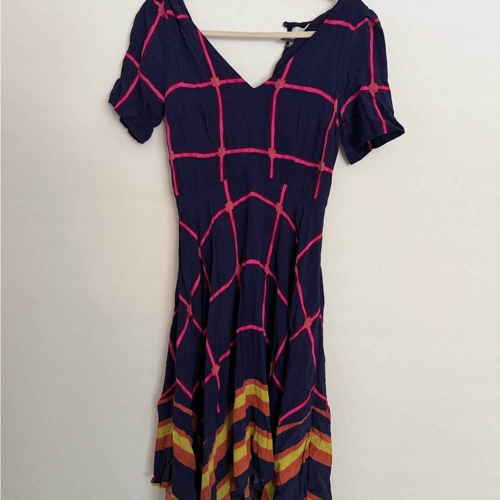 HD in Paris Navy & Pink Grid Midi Dress with Multicolor Hem - Picture 2 of 3